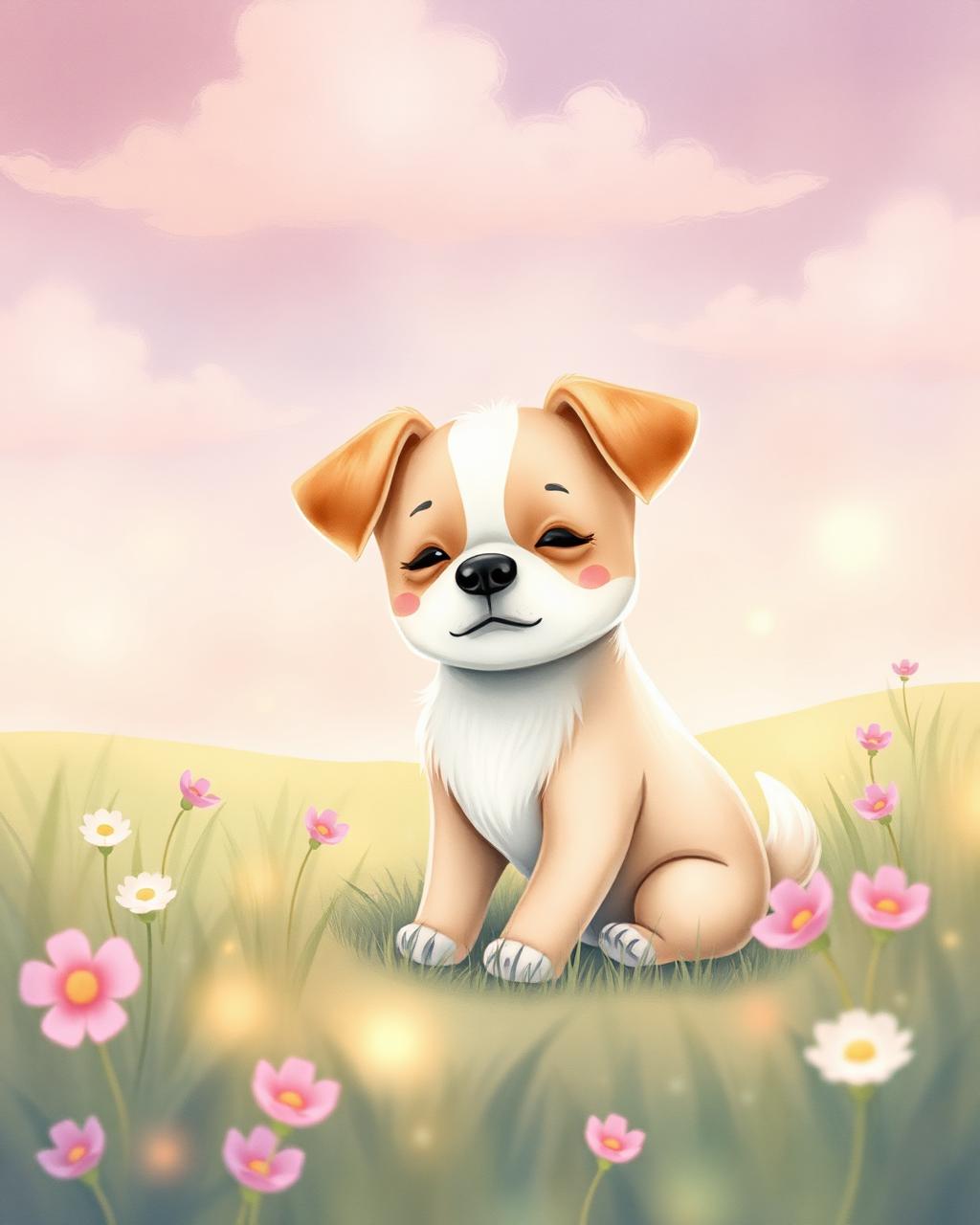 Ilustración acuarela de un perrito en un prado mágico